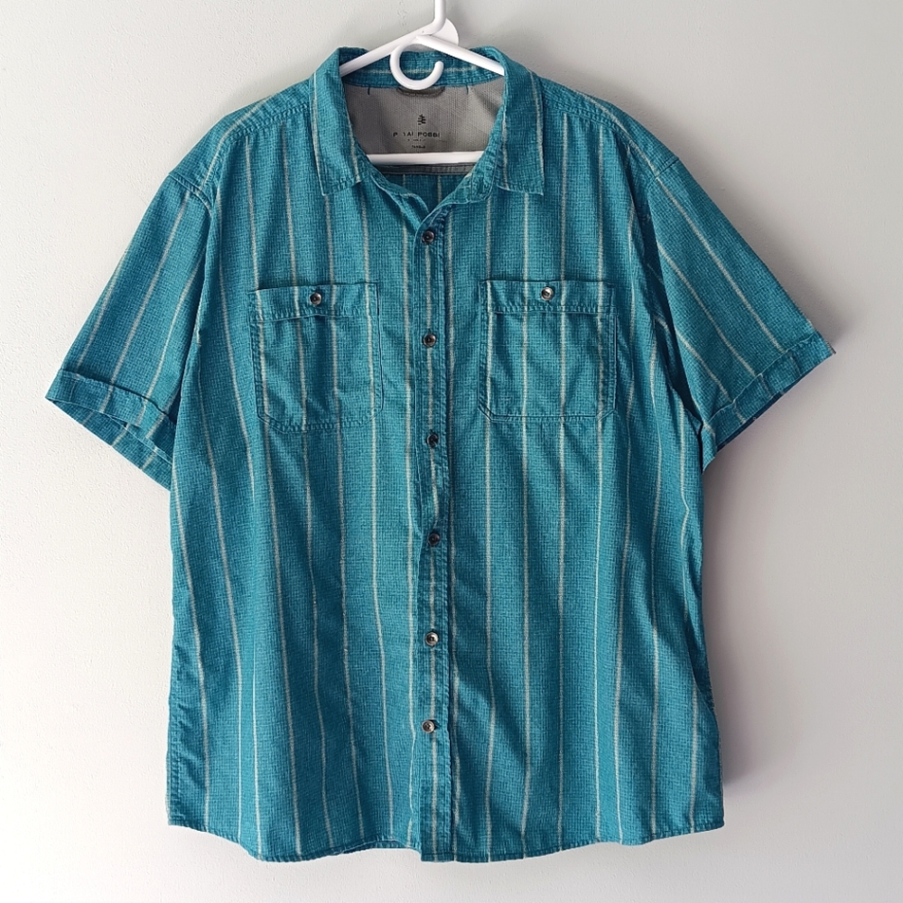 Royal Robbins Button-Down Short Sleeve Shirt Summer Stripes Blue Aqua White 2XL